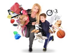 Stress Mother Running Late with Kids on White